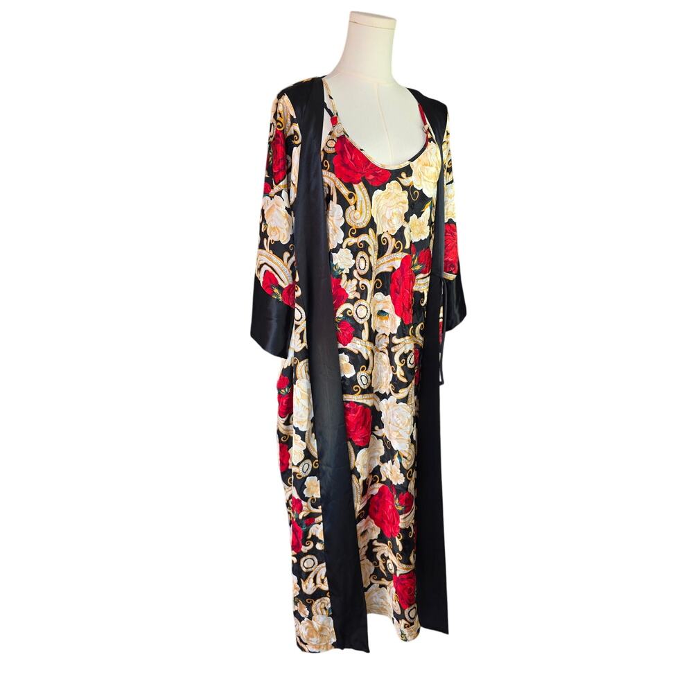 L.A. INTIMATES VINTAGE Satin Texture Red Rose Print Slip Nightgown with Robe